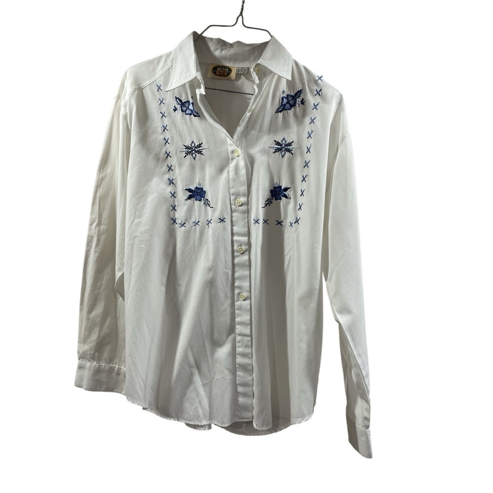 CM Company White Blue Floral Embroidered Long Sleeve Button Up Shirt Women's S